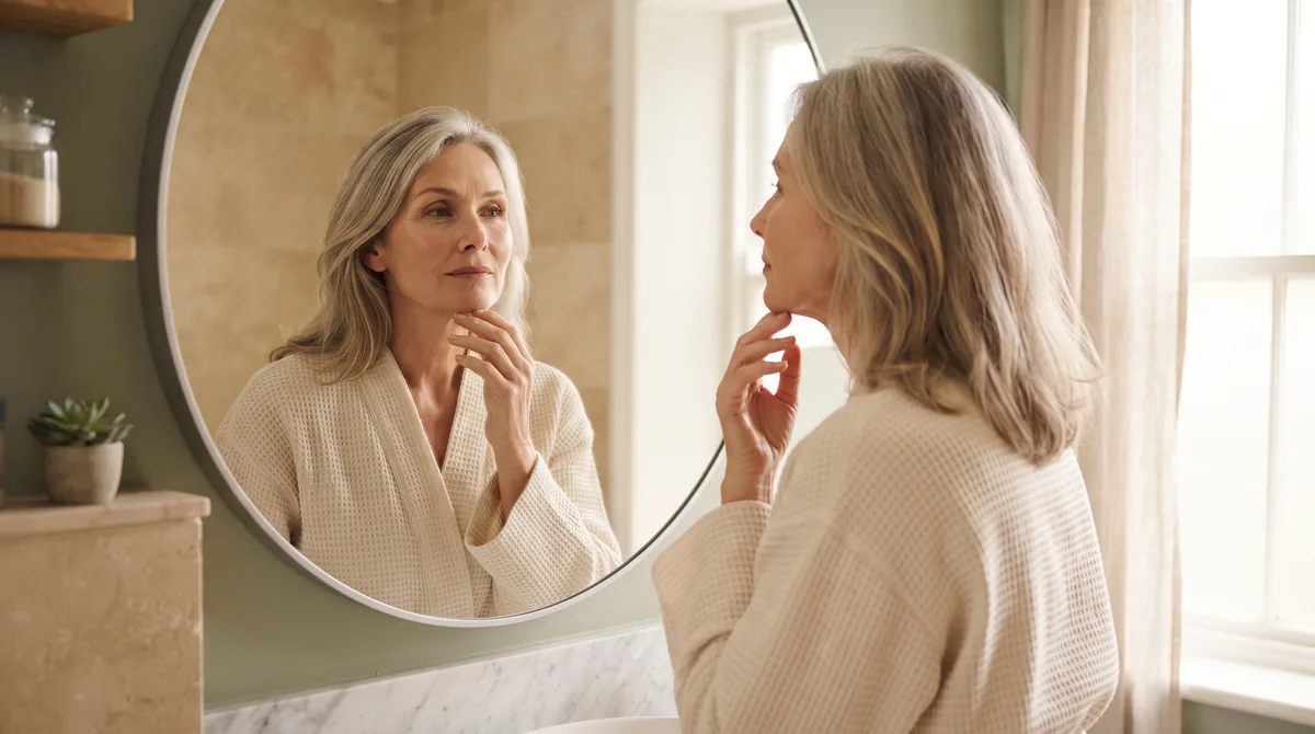 Woman in her fifties noticing chin hair after menopause Irvine CA