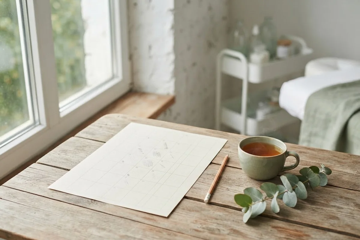Paper monthly calendar with pencil and tea on a window sill used to track hair growth and cycle changes in Irvine CA