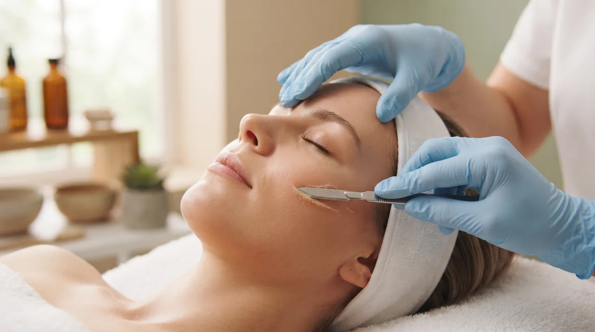 Dermaplaning blade removing peach fuzz from the cheek Irvine CA