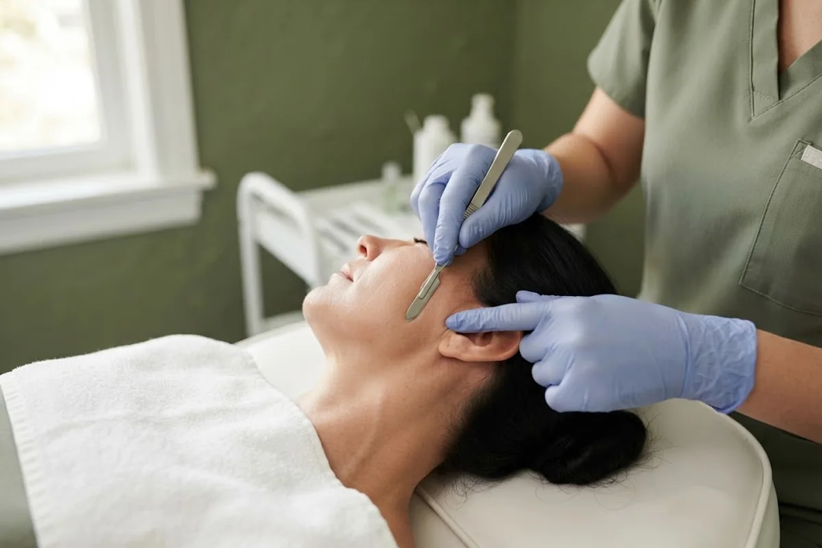 Gloved hand holding a sterile dermaplaning blade near the cheek of a client on a treatment bed in an Irvine CA studio
