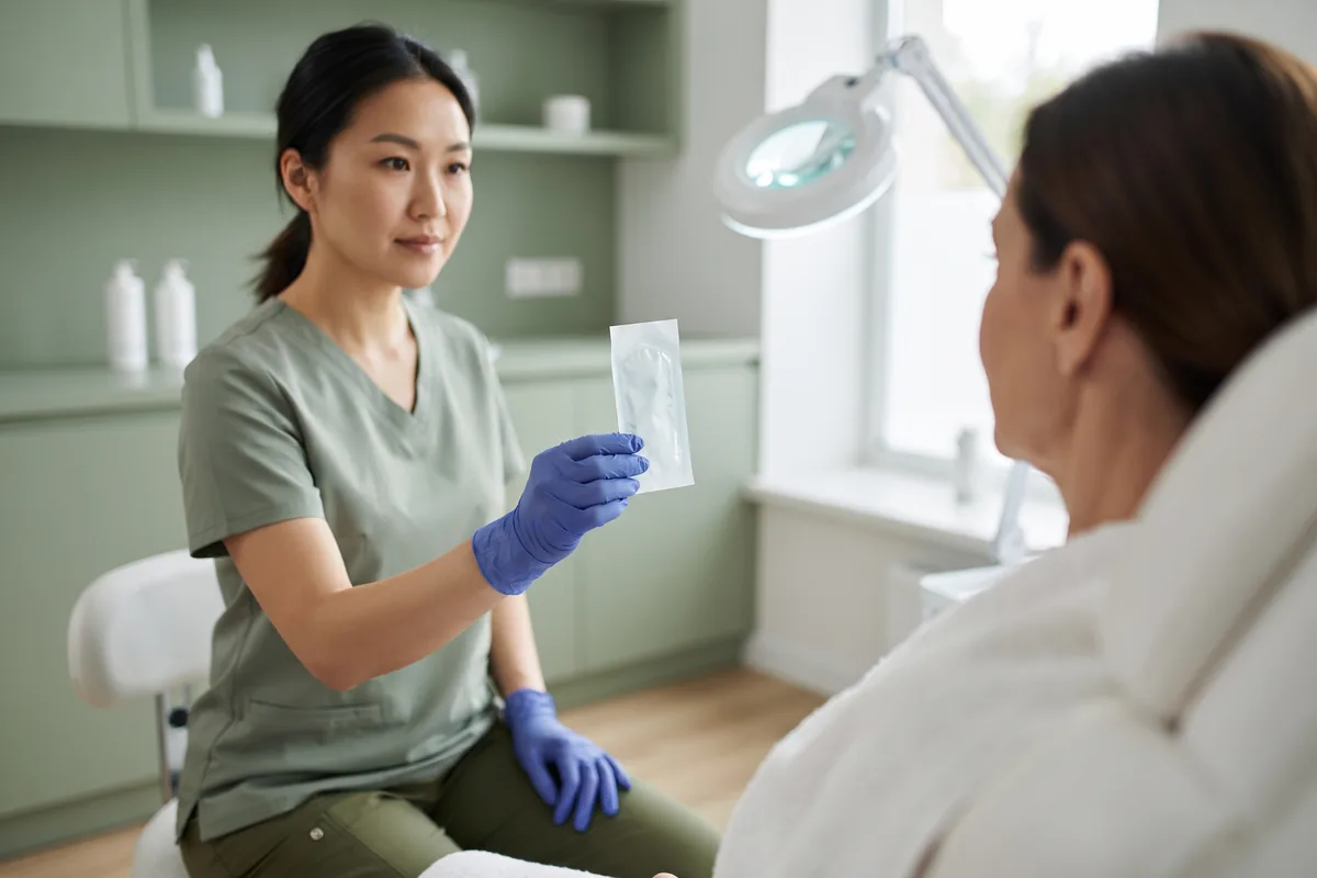 Electrologist showing a client a sealed single-use probe before an electrolysis session in an Irvine CA studio