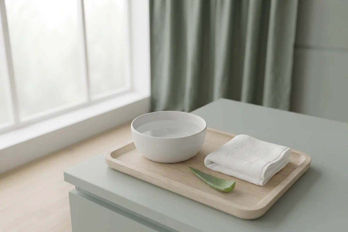 Folded clean cloth and a bowl of cool water on a white tray ready for a gentle compress after electrolysis in Irvine CA