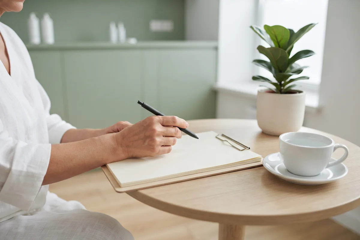 Client filling in a health history intake form on a clipboard before an electrolysis session in an Irvine CA studio