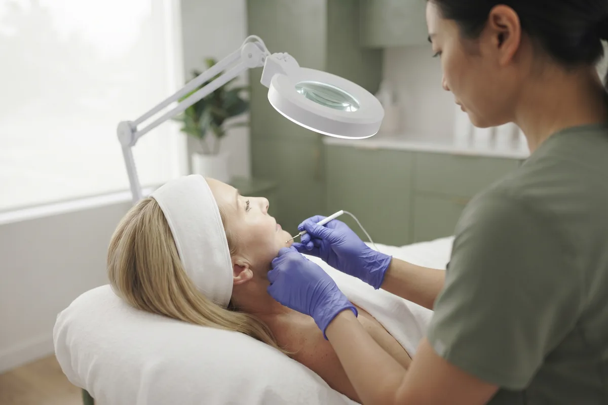 Electrologist working under a magnifying lamp on a client chin in an electrolysis session in Irvine CA