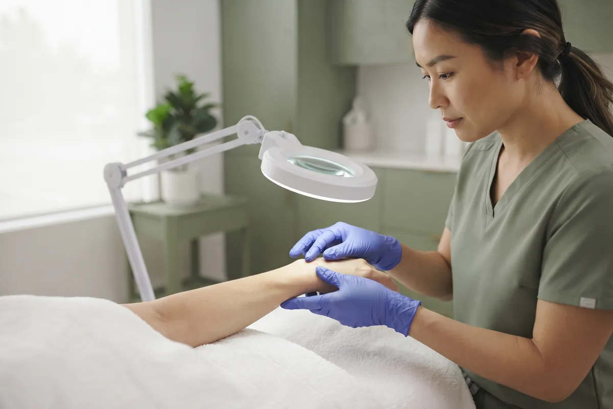 Electrologist wearing nitrile gloves examining hair under a magnifying lamp to choose an electrolysis method in Irvine CA