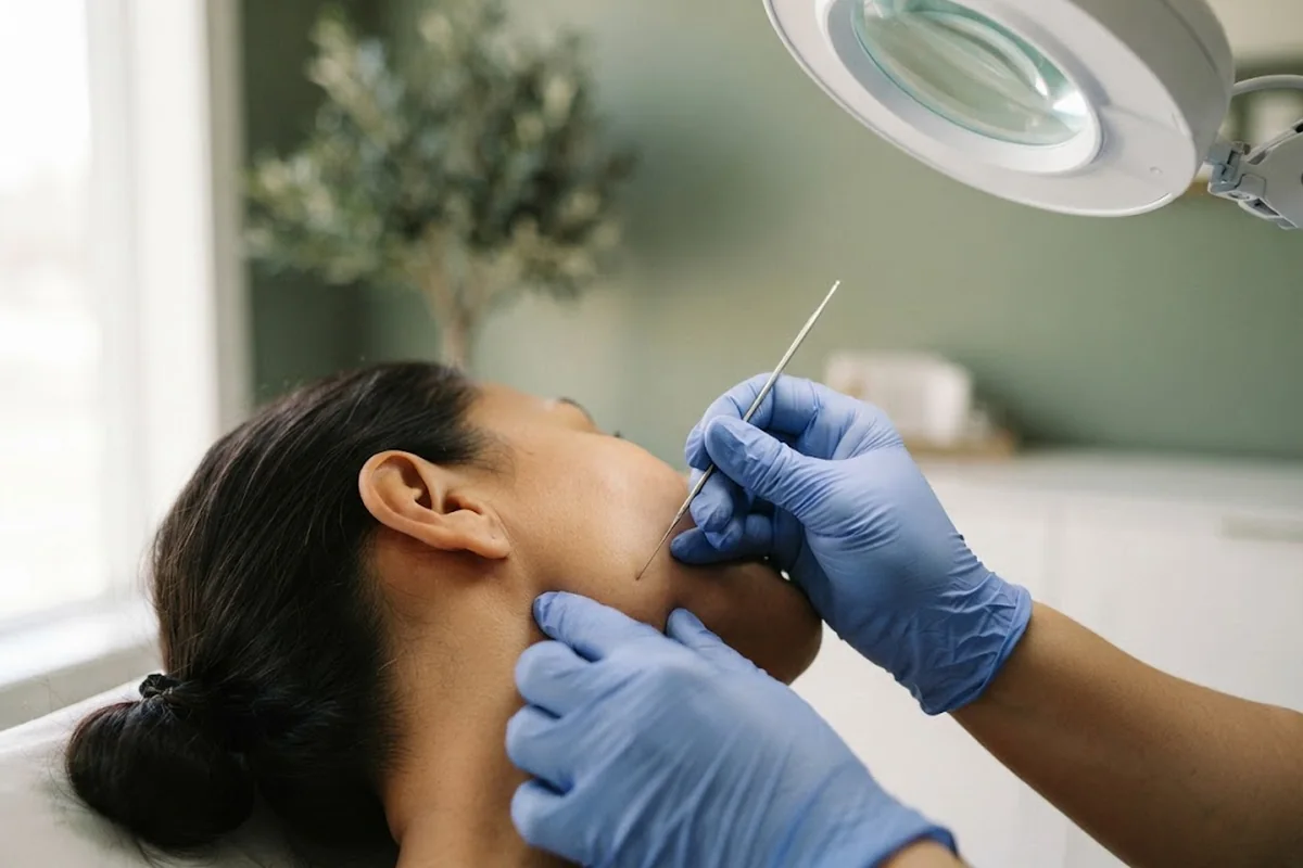 Gloved hands guiding a fine electrolysis probe at the side of the neck under bright magnified light in an Irvine CA studio