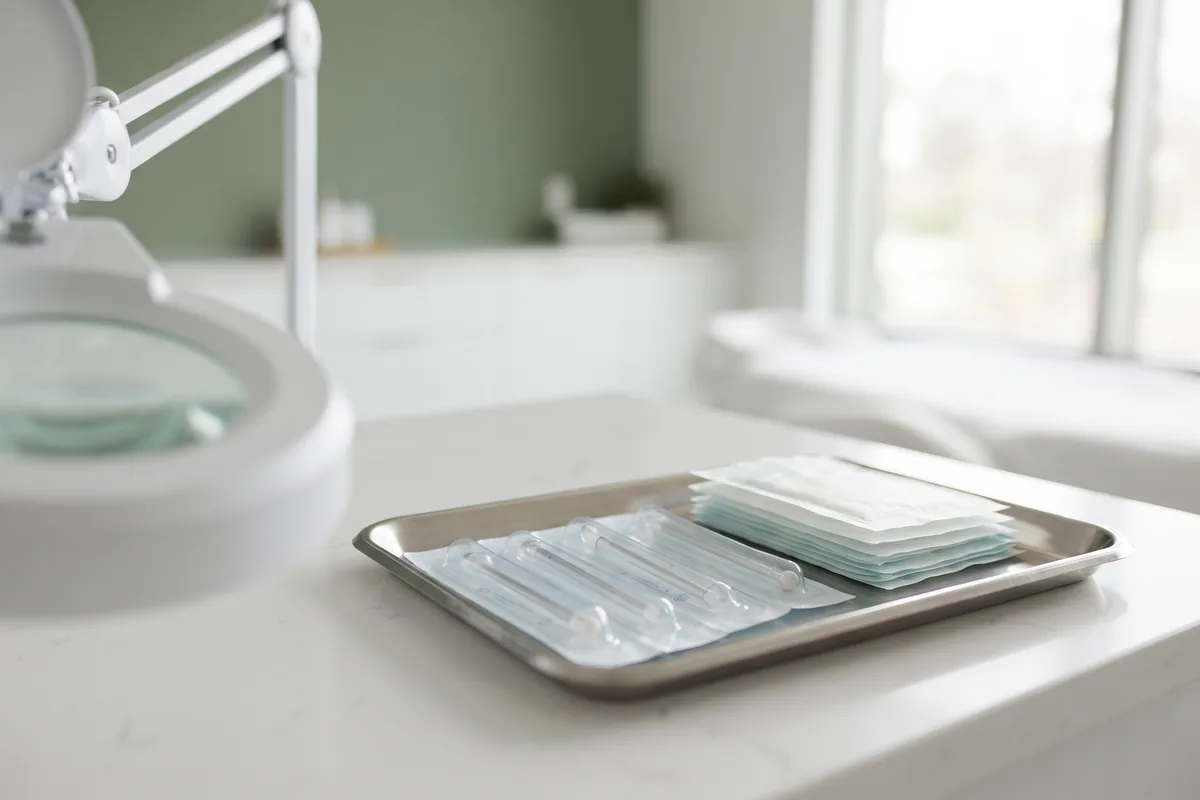 Sterile single-use electrolysis probes and supplies on a tray in an Irvine CA studio