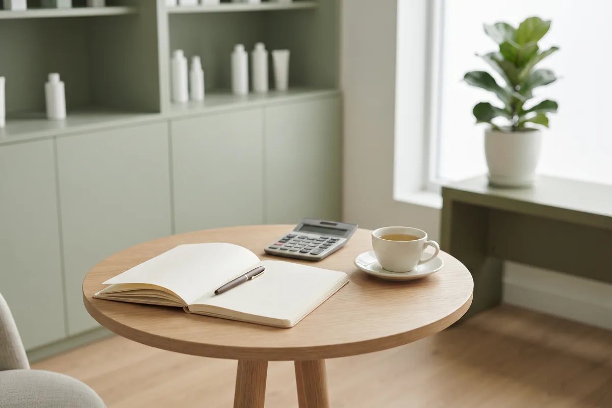 Notebook, calculator and cup of tea on a table for planning electrolysis visits and budget in an Irvine CA studio