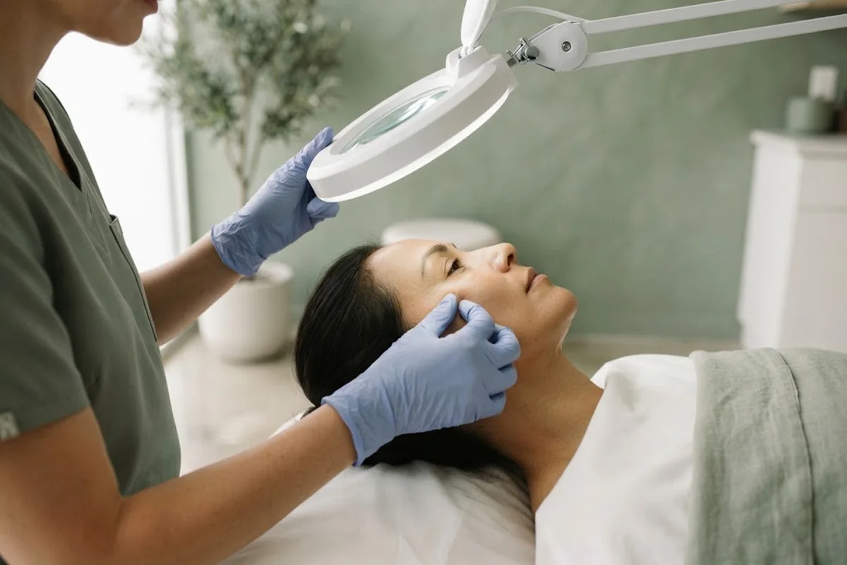 Esthetician in nitrile gloves examining a client cheek under a magnifying lamp in an Irvine CA studio