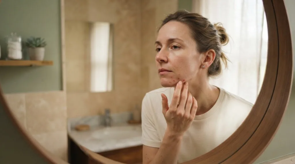 Woman checking hormonal acne breakouts along the jawline Irvine CA