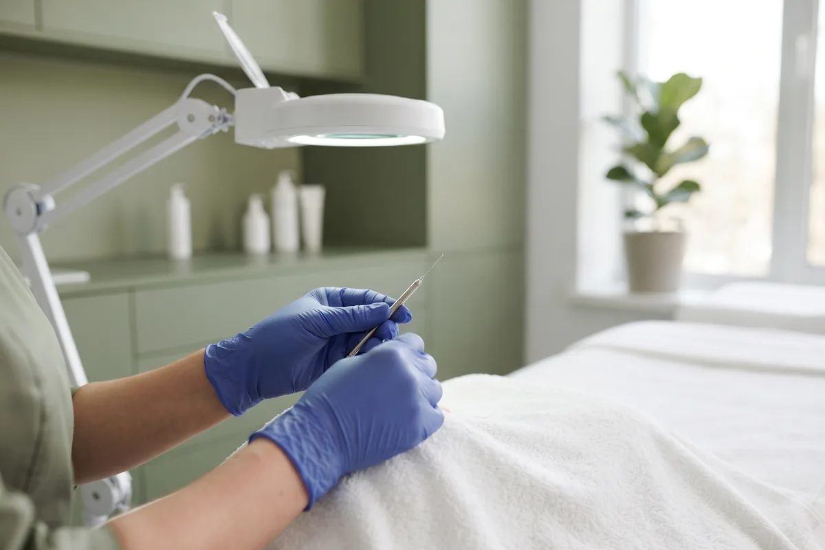 Electrologist wearing nitrile gloves holding a fine electrolysis probe beside a magnifying lamp in an Irvine CA studio