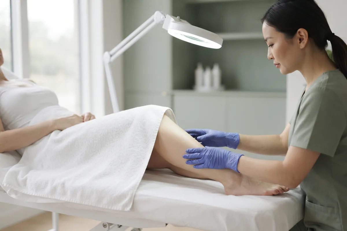 Electrologist wearing nitrile gloves checking skin on a shin under a magnifying lamp for ingrown hairs in an Irvine CA studio