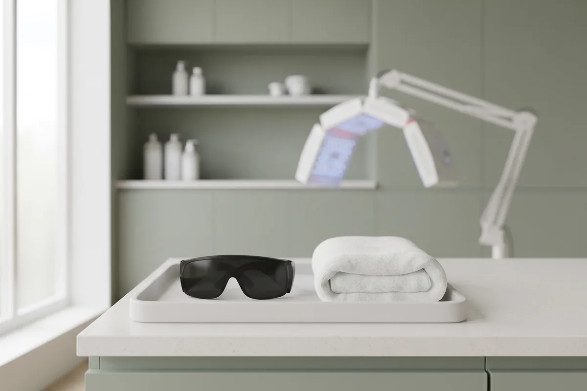 Opaque protective goggles and a folded towel on a treatment tray beside an LED panel, Irvine CA