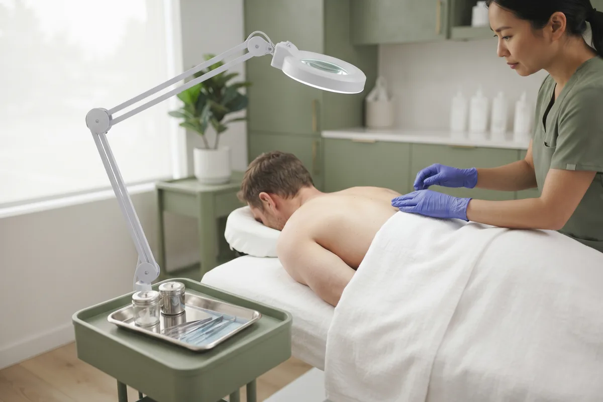 Back and shoulder electrolysis session for a male client, draped with a towel, Irvine CA