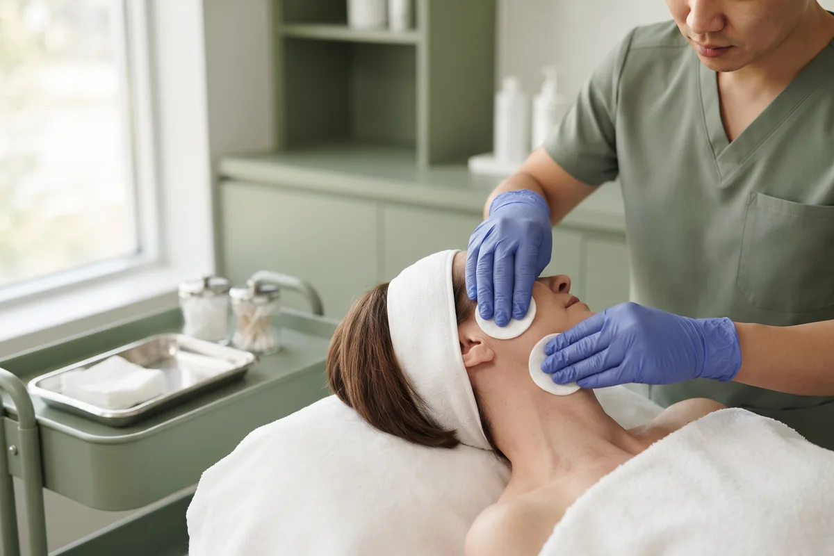Cleansing facial treatment on a client with the face turned away, Irvine CA esthetics studio
