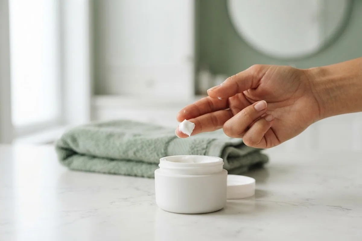 Fingertip with a pea-sized amount of cream held above a small jar on a bathroom counter in Irvine CA