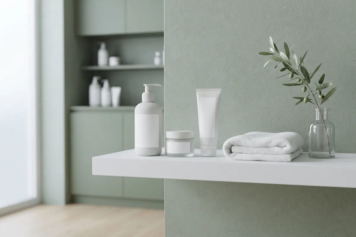 Gentle cleanser, plain moisturizer and sunscreen bottles arranged on a white shelf as peel aftercare in an Irvine CA esthetics studio