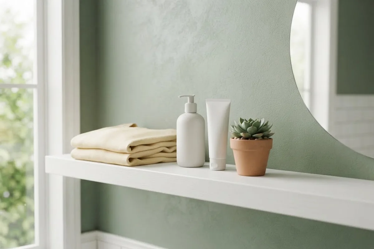 Folded soft cotton top, mild cleanser and sunscreen on a white shelf for post-electrolysis care in Irvine CA