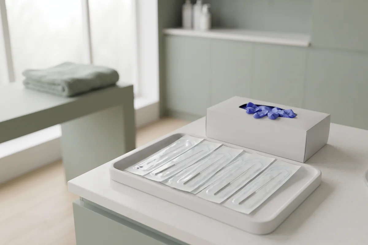 Sealed sterile single-use electrolysis probes in peel pouches on a white tray in an Irvine CA studio