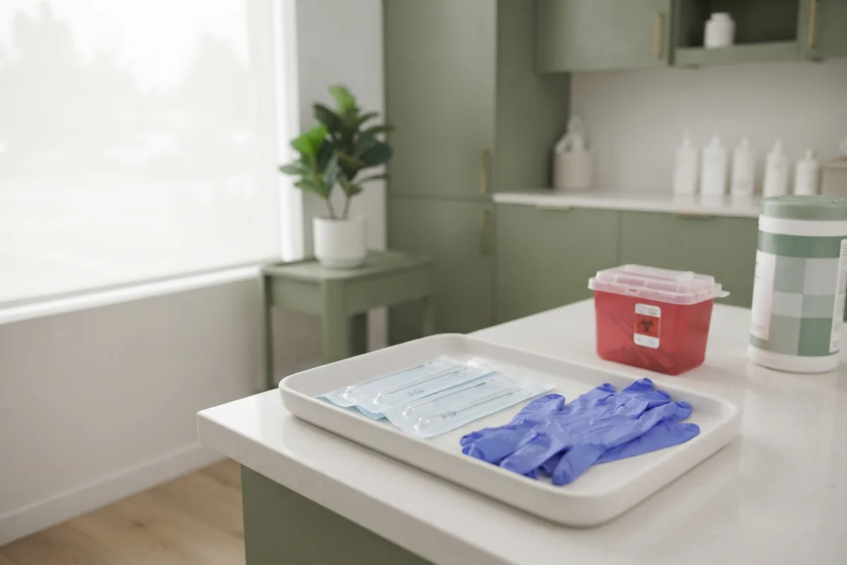 Sterile single-use probes and gloves - Real Skin Beauty, Irvine CA Sealed single-use electrolysis probes and gloves laid out on a clean tray in an Irvine CA studio