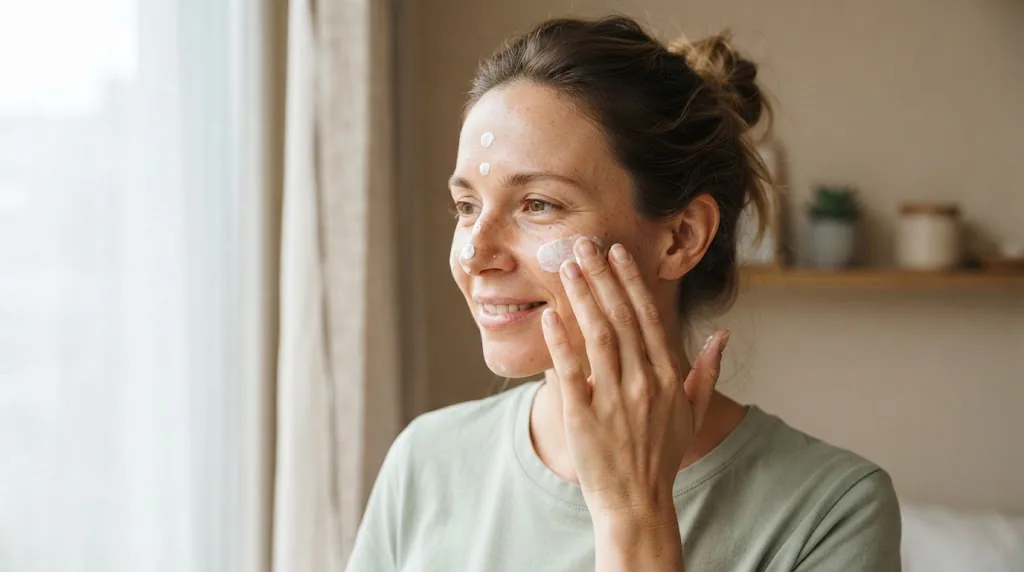 Woman applying sunscreen to protect skin with sun spots Irvine CA