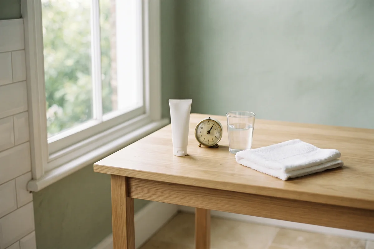 Unlabeled tube of topical cream beside a small kitchen timer and a glass of water on a white table in Irvine CA