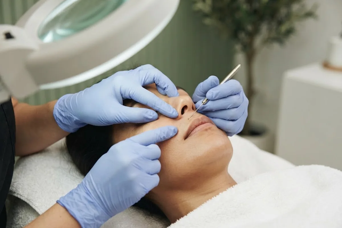 Gloved hand with fine probe near the upper lip area of an adult client, face cropped, in an Irvine CA electrolysis studio