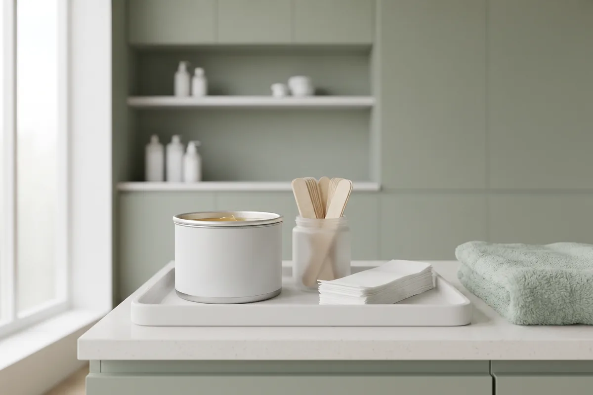 Wax warmer, wooden spatulas and cloth strips on a white tray in an Irvine CA waxing room