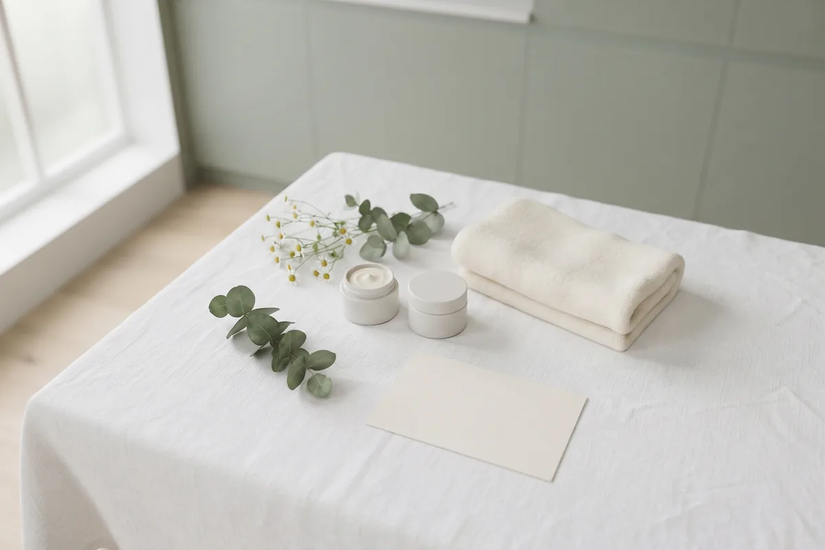 Wedding skin prep flat lay with white flowers, unlabeled skin care jars and a folded linen towel, Irvine CA